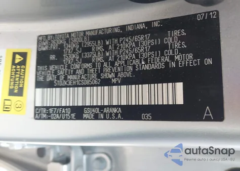 2012 Toyota Highlander Base V6 из США, поврежденный, VIN 5TDZK3EH1CS085062